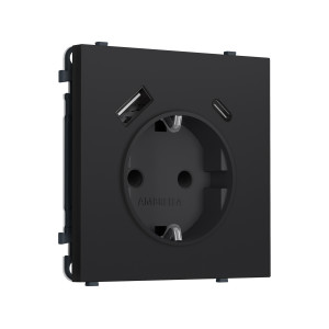 MS990010 Комплект механизма электрической розетки SIGMA Черный Мягкое касание 2USB A+C 20W (быст. зар.) с/з с/ш 16A-250V QUANT PRO (SP9900, PR160)
