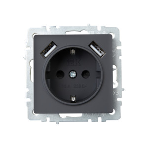 BRITE Розетка 1-местная с заземлением с защитными шторками 16А с USB AA 5В 2,1А РЮш10-1-БрГ графит IEK