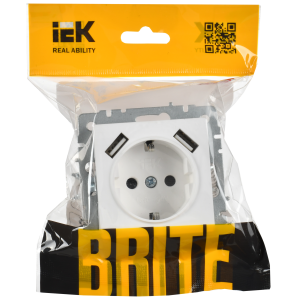 BRITE Розетка 1-местная с заземлением с защитными шторками 16А с USB AA 5В 3,1А РЮш10-2-БрАБ арктический белый IEK