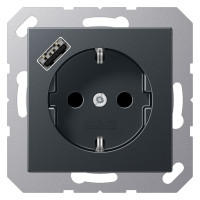 Розетка с USB Jung A 500, скрытый монтаж, с заземлением, антрацит матовый, A1520-18AANM
