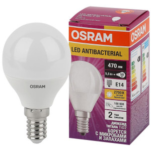 Лампа светодиодная LED Antibacterial P 5.5Вт шар матовая 2700К тепл. бел. E14 470лм 220-240В угол пучка 200град. бактерицидн. покрыт. (замена 50Вт) OSRAM 4058075561571