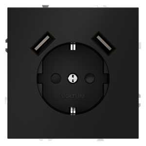 Розетка встраиваемая VOLTUM S70 с заземлением и защитными шторками, 16А, с USB, A+A, (черный матовый