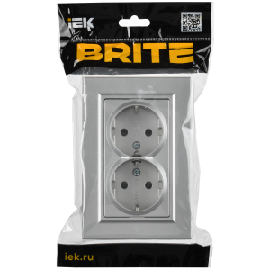 BRITE Розетка 2-местная с заземлением с защитными шторками плоская 16А в сборе РСшПл12-3-БрА алюминий IEK