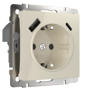 W1171703/ Розетка с заземлением, шторками и USB тип A+C (слоновая кость)