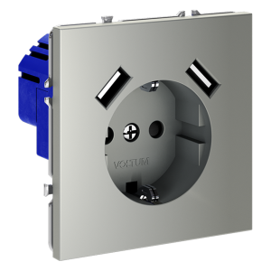 Розетка встраиваемая VOLTUM S70 с заземлением и защитными шторками, 16А, с USB, AA, сталь