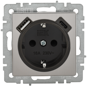 BRITE Розетка 1-местная с заземлением с защитными шторками 16А с USB AC 18Вт РЮш11-1-БрГН металл хромникель IEK