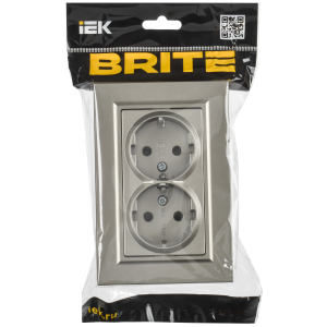 BRITE Розетка 2-местная с заземлением с защитными шторками плоская 16А в сборе РСшПл12-3-БрШ шампань IEK