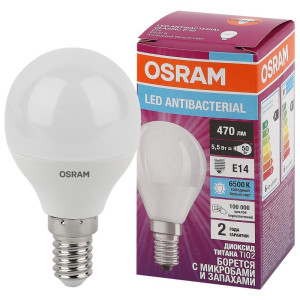Лампа светодиодная LED Antibacterial P 5.5Вт шар матовая 6500К холод. бел. E14 470лм 220-240В угол пучка 200град. бактерицидн. покрыт. замена 50Вт OSRAM 4058075561533