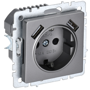 BRITE Розетка 1-местная с заземлением с защитными шторками 16А с USB AA 5В 3,1А РЮш10-2-БрС сталь IEK