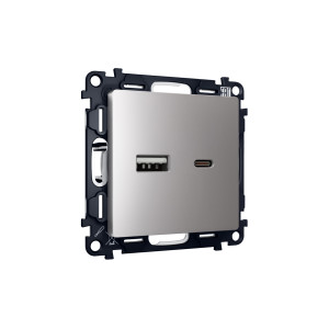 MA511010 Комплект механизма розетки ALFA Сталь матовый 2USB A+C 20W (быстрая зарядка) QUANT (AP5110, VM177) AMBRELLA VOLT