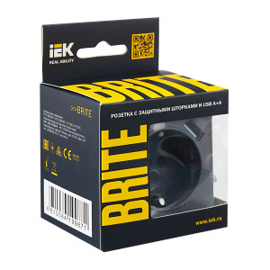 BRITE Розетка 1-местная с заземлением с защитными шторками 16А с USB AA 5В 2,1А РЮш10-1-БрМ маренго IEK