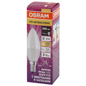Лампа светодиодная LED Antibacterial B 7.5Вт свеча матовая 2700К тепл. бел. E14 806лм 220-240В угол пучка 220град. бактерицидн. покрыт. (замена 75Вт) OSRAM 4058075561250