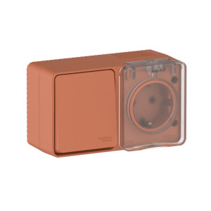 ATLASDESIGN PROFI IP54 О/У БЛОК: РОЗЕТКА с заземл. со шт., 16А, ВЫКЛЮЧАТЕЛЬ 1-клав., 10АХ, ТЕРРАКОТОВЫЙ ATN547070