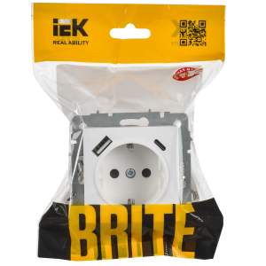 BRITE Розетка 1-местная с заземлением с защитными шторками 16А с USB AC 18Вт РЮш11-1-БрАБ арктический белый IEK