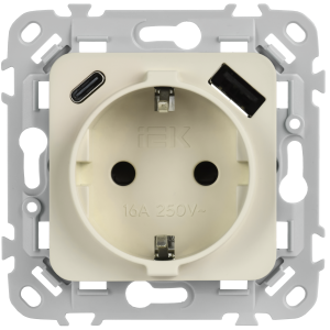 FLITE Розетка 1-местная с заземлением с защитными шторками 16А с USB A+C 20Вт безвинтовое крепление РСЮшс11-1-ФлЛ льняной IEK