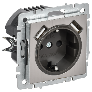 BRITE Розетка 1-местная с заземлением с защитными шторками 16А с USB AA 5В 2,1А РЮш10-1-БрГН металл хромникель IEK
