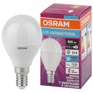 Лампа светодиодная LED Antibacterial P 7.5Вт шар матовая 6500К холод. бел. E14 806лм 220-240В угол пучка 180град. бактерицидн. покрыт. замена 75Вт OSRAM 4058075561694