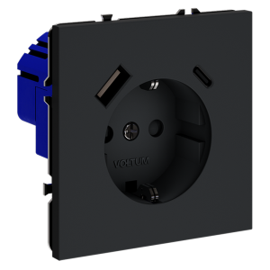 Розетка встраиваемая VOLTUM S70 с заземлением и защитными шторками, 16А, с USB, A+С, (графит)