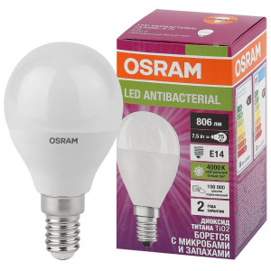 Лампа светодиодная LED Antibacterial P 7.5Вт шар матовая 4000К нейтр. бел. E14 806лм 220-240В угол пучка 180град. бактерицидн. покрыт. (замена 75Вт) OSRAM 4058075561670