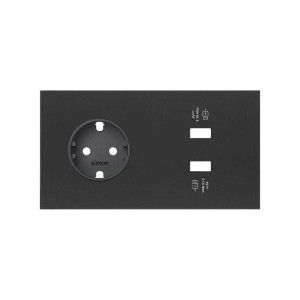 Simon 100 Черный матовый Кит 2 поста, фронт. Накладка на 1 розетку Schuko + 2 з/у USB SC