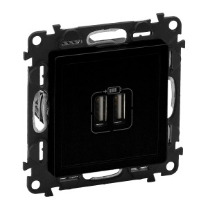 Legrand Valena LIFE Black. Зарядное устройство с двумя USB-разьемами 240В5В 1500мА. С лицевой панелью. Антрацит.