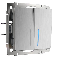W1122109/ Выключатель двухклавишный проходной с подсветкой (cеребряный рифленый)