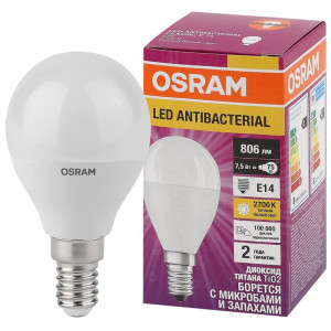 Лампа светодиодная LED Antibacterial P 7.5Вт шар матовая 2700К тепл. бел. E14 806лм 220-240В угол пучка 200град. бактерицидн. покрыт. (замена 75Вт) OSRAM 4058075561298