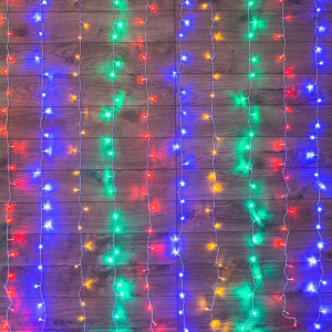 Гирлянда светодиодная Светодиодный Дождь 1.5х1м 96LED мультиколор 8Вт 230В IP20 с контроллером провод прозр. Neon-Night 235-029