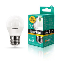 Лампа светодиодная LED8-G45/830/E27 8Вт шар 3000К тепл. бел. E27 720лм 170-265В Camelion 12392