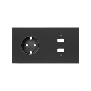 Simon 100 Черный матовый Кит 2 поста, фронт. Накладка на 1 розетку Schuko + 1 з/у 2хUSB
