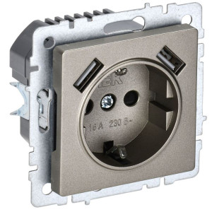 Розетка BRITE РЮш10-2-БрШ 16А с USB AA 3.1А с заземл. защ. шторки механизм шампань IEK BR-R14-16-U21-D31-K37