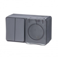 ATLASDESIGN PROFI IP54 О/У БЛОК: РОЗЕТКА с заземл. со шт., 16А, ВЫКЛЮЧАТЕЛЬ 2-клав., 10АХ, АНТРАЦИТ ATN544074