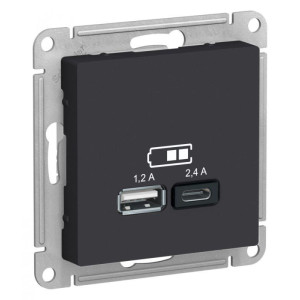 ATLASDESIGN USB РОЗЕТКА А+С, 5В/2,4А, 2х5В/1,2А, механизм, КАРБОН ATN001039