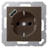 Розетка с USB Jung A 500, скрытый монтаж, с заземлением, мокко, A1520-18AMO