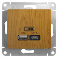 GLOSSA USB РОЗЕТКА А+С, 5В/2,4А, 2х5В/1,2А, механизм, ДУБ GSL000539