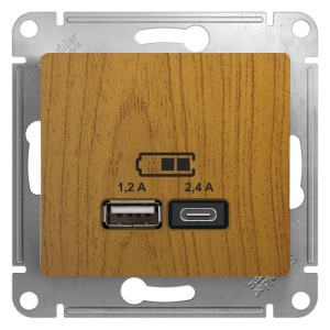 GLOSSA USB РОЗЕТКА А+С, 5В/2,4А, 2х5В/1,2А, механизм, ДУБ GSL000539