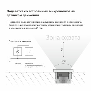 W1154601/ Встраиваемая LED подсветка три режима с датчиком движения  (белый)