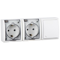 Simon 15 Aqua Белый Блок: Розетка 2-ая, 2PE Schuko 16А 250В  выключатель проходной 10А 250В, IP54