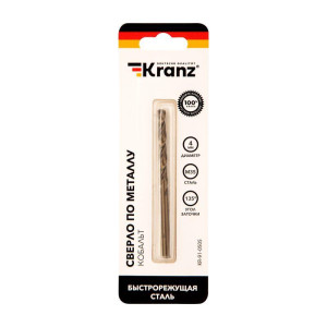 Сверло по металлу 4мм Кобальт (сталь HSS-Co 5% M35 P6M5K5) DIN 338 (блист.1шт) Kranz KR-91-0505