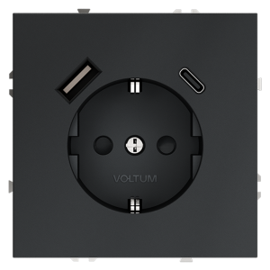 Розетка встраиваемая VOLTUM S70 с заземлением и защитными шторками, 16А, с USB, A+С, (графит)