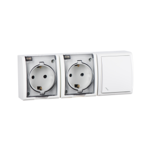 Simon 15 Aqua Белый Блок: Розетка 2-ая, 2PE Schuko 16А 250В  выключатель проходной 10А 250В, IP54