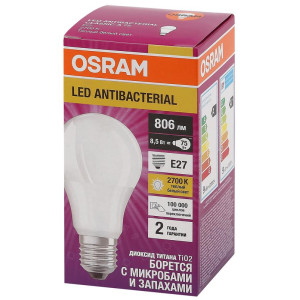 Лампа светодиодная LED Antibacterial A 8.5Вт грушевидная матовая 2700К тепл. бел. E27 806лм 220-240В угол пучка 200град. бактерицидн. покрыт. (замена 75Вт) OSRAM 4058075560994
