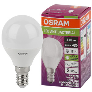 Лампа светодиодная LED Antibacterial P 5.5Вт шар матовая 4000К нейтр. бел. E14 470лм 220-240В угол пучка 200град. бактерицидн. покрыт. (замена 50Вт) OSRAM 4058075561618