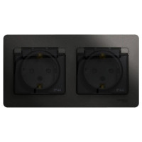 GLOSSA РОЗЕТКА двойная с заземлением со шторками с прозрачной крышкой,16А, IP44, в сборе, АНТРАЦИТ GSL000747