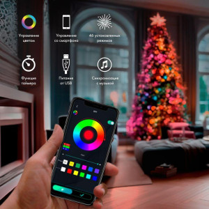 Гирлянда светодиодная смарт Роса Нить с крупными светодиодами 10м 100LED RGB IP20 USB провод прозр. Neon-Night 245-019