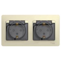 GLOSSA РОЗЕТКА двойная с заземлением со шторками с прозрачной крышкой,16А, IP44, в сборе, БЕЖЕВЫЙ GSL000247