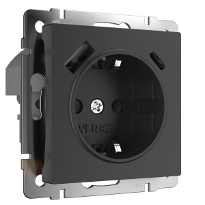 W1171708/ Розетка с заземлением, шторками и USB тип A+C (черный)