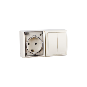 Simon 15 Aqua Бежевый Блок: Розетка 2PE Schuko 16А 250В  выключатель двойной 10А 250В, IP54
