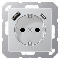 Розетка с USB Jung A 500, скрытый монтаж, с заземлением, алюминий, A1520-15CAAL