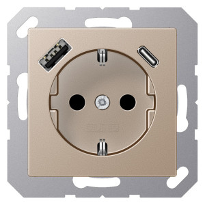 Розетка с USB Jung A 500, скрытый монтаж, с заземлением, шампань, A1520-15CACH